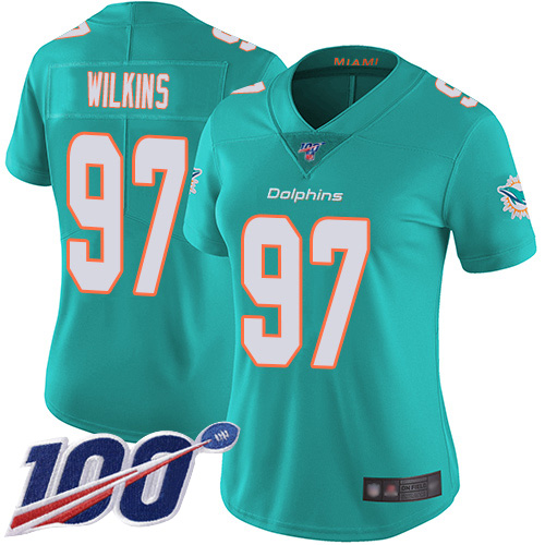 Nike Miami Dolphins #97 Christian Wilkins Aqua Green Team Color Women Stitched NFL 100th Season Vapor Limited Jersey->women nfl jersey->Women Jersey